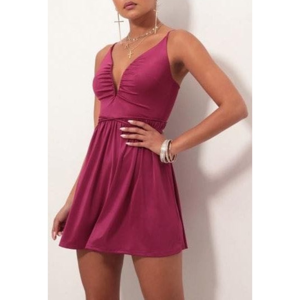 Lucy in the Sky Low V Plunge Dress - Fuchsia